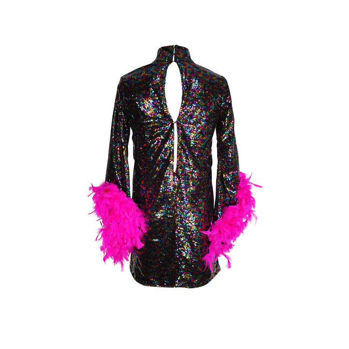 Time Warp Sequin Mini Dress with Feather Cuffs