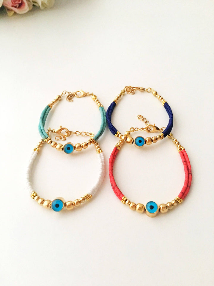 Blue Evil Eye Bracelet with Seed Beads and Evil Eye Charm Bracelet