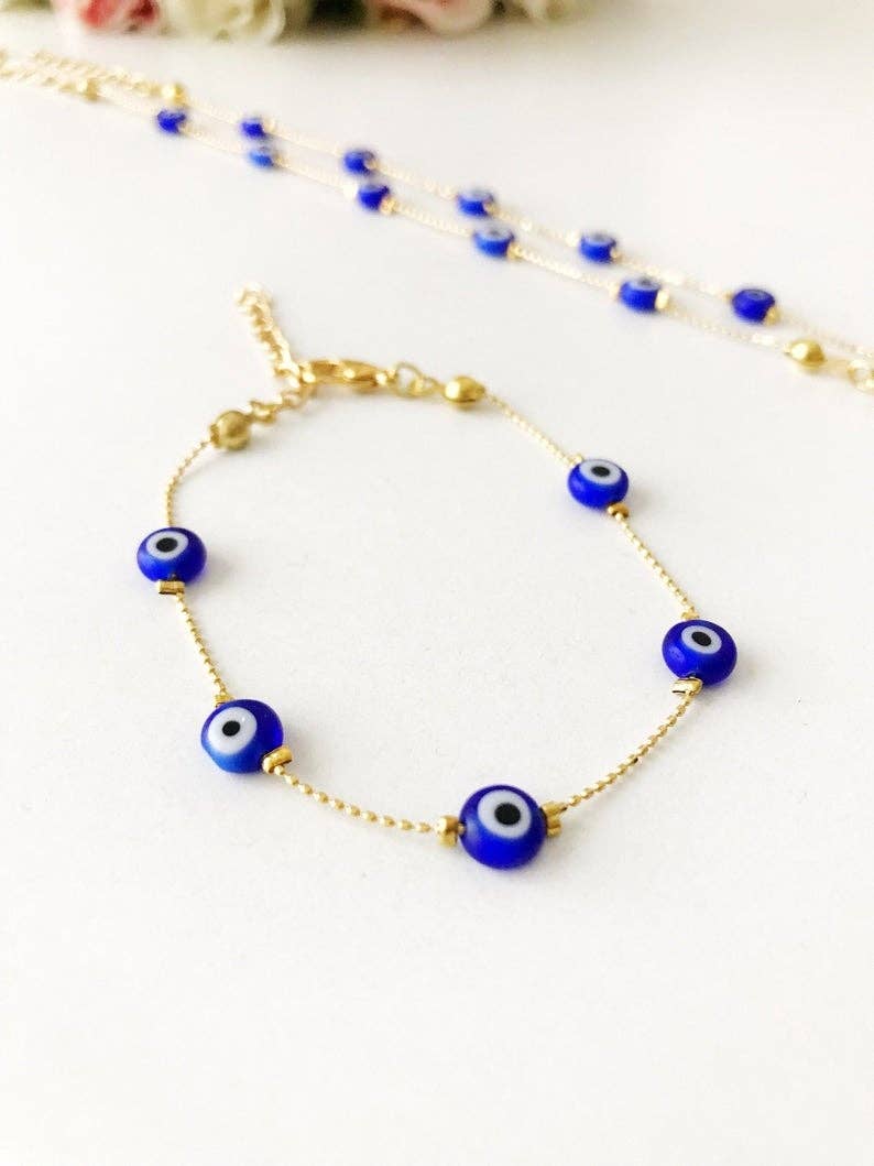 Blue Evil Eyes on Dainty Gold Bead Chain Bracelet
