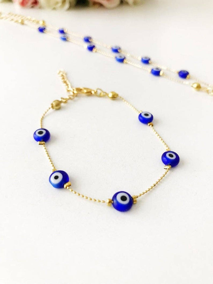 Blue Evil Eyes on Dainty Gold Bead Chain Bracelet