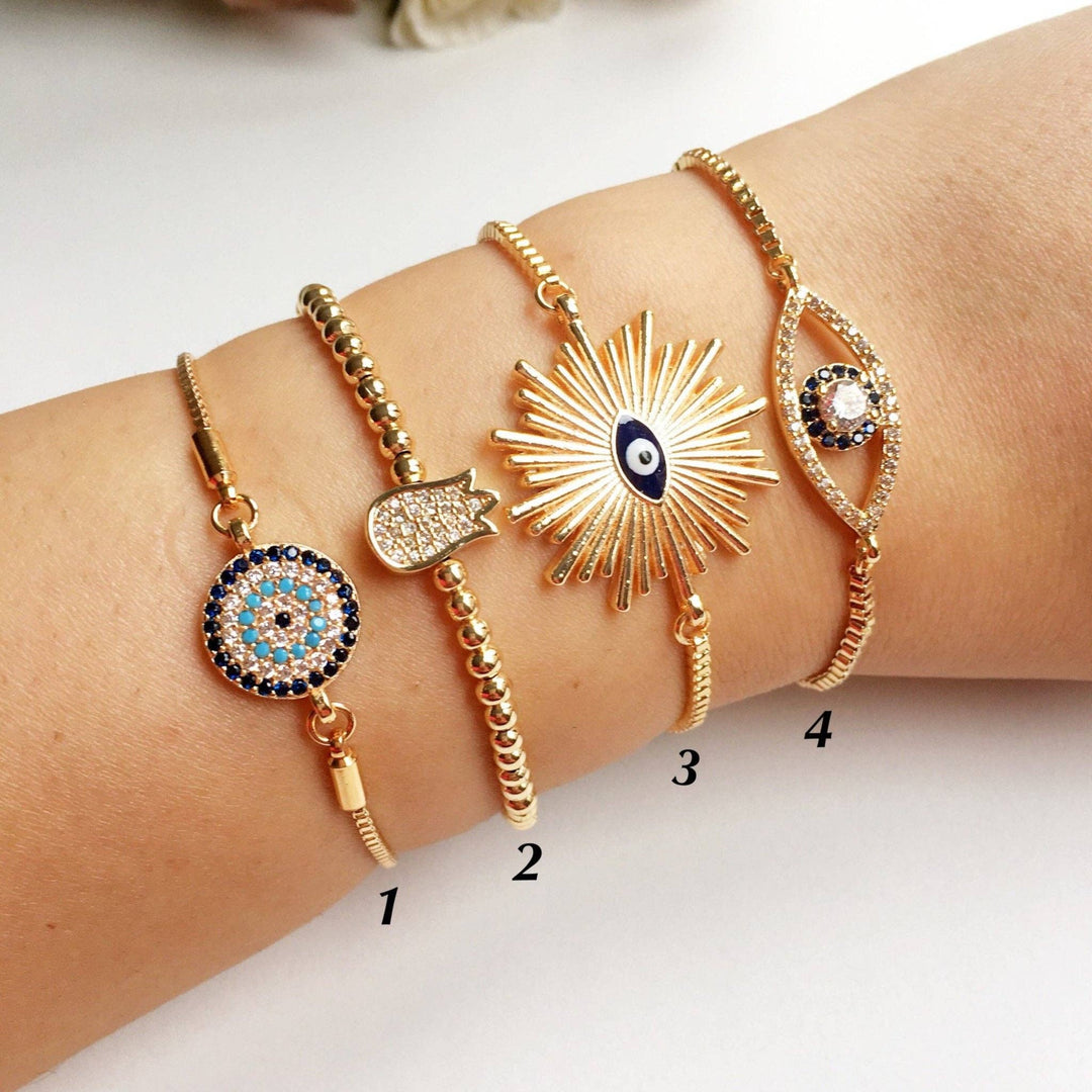 Gold Evil Eye Bracelet, Adjustable Greek Jewelry