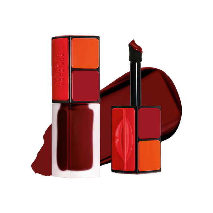 Red and orange lip products with a clear background