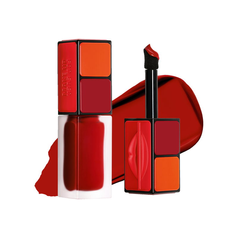Red and orange makeup products with a Rubik's Cube design on a white background