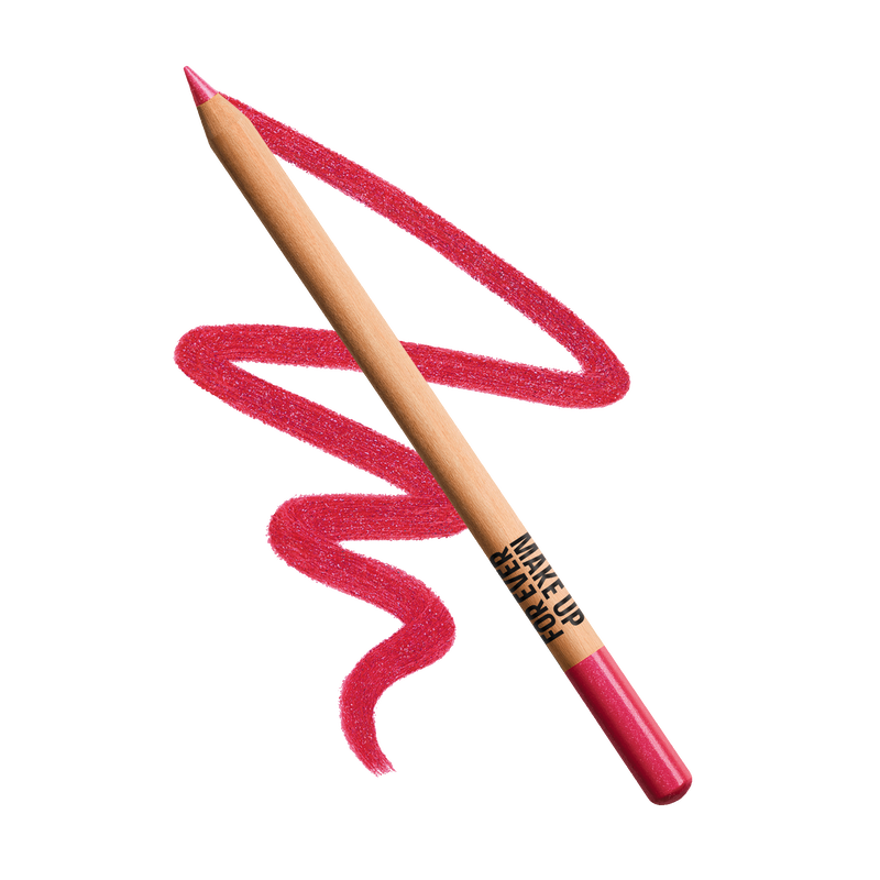Make-up pencil with pink color and brand name on a white background