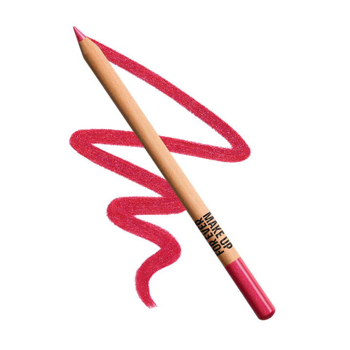 Make-up pencil with pink color and brand name on a white background