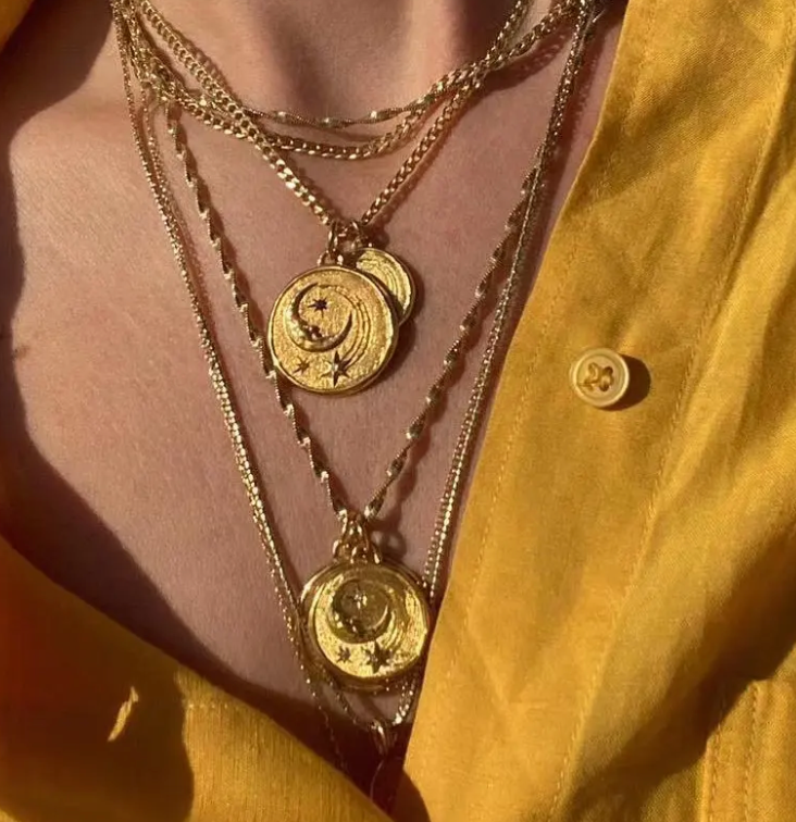  Athena Luna Coin Charm Necklace, Stainless Steel- 14K gold