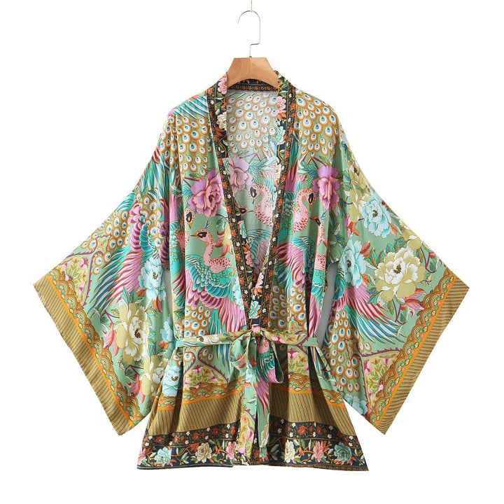 Vibrant Boho Beach Peacock Print Tie-Waist Kimono