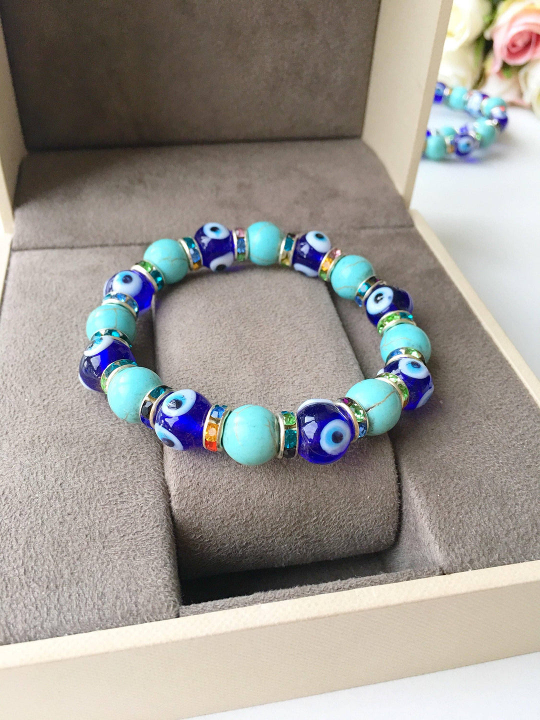 Blue Evil Eye Glass Bead Stretch Bracelet