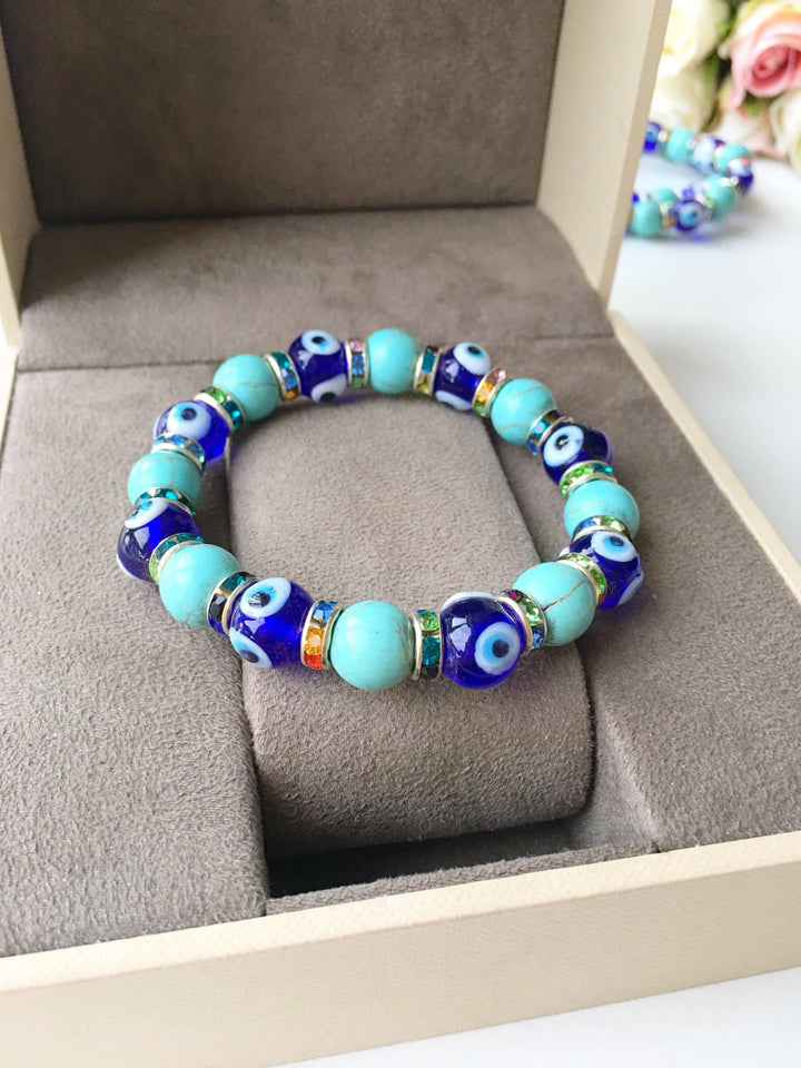 Blue Evil Eye Glass Bead Stretch Bracelet