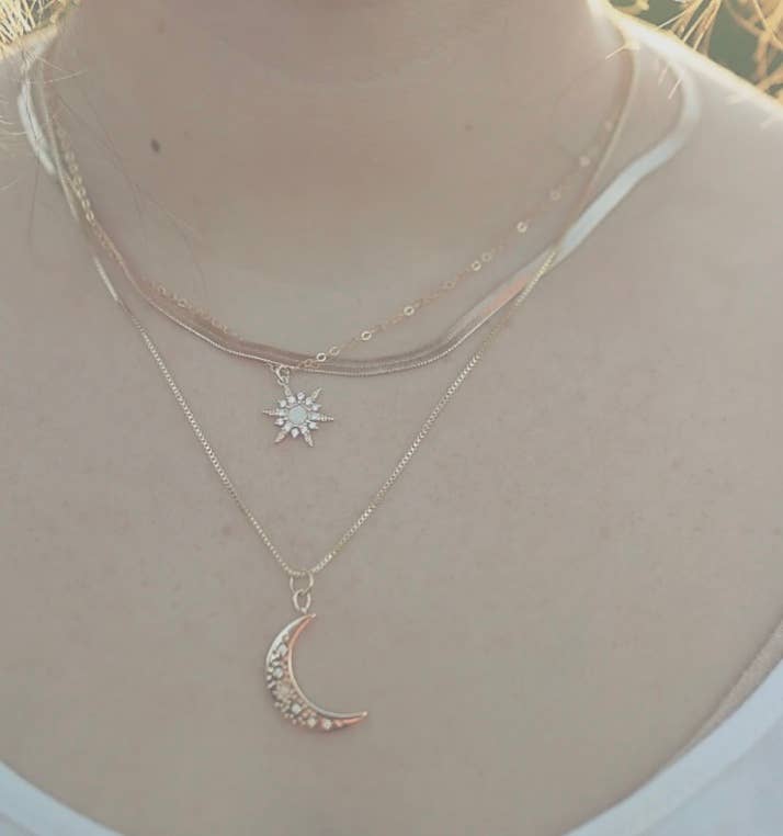 Crescent Moon Opal and Crystal Steel 14K Gold Necklace