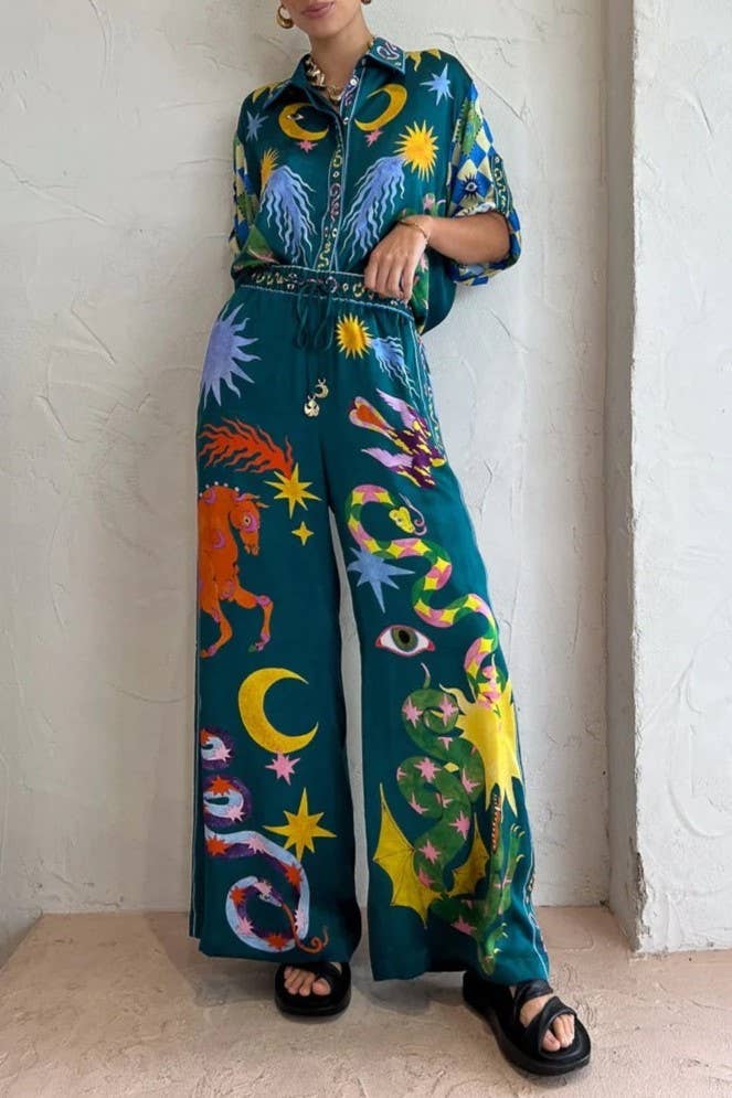 Wonderland print polyester blouse pants 2 piece set
