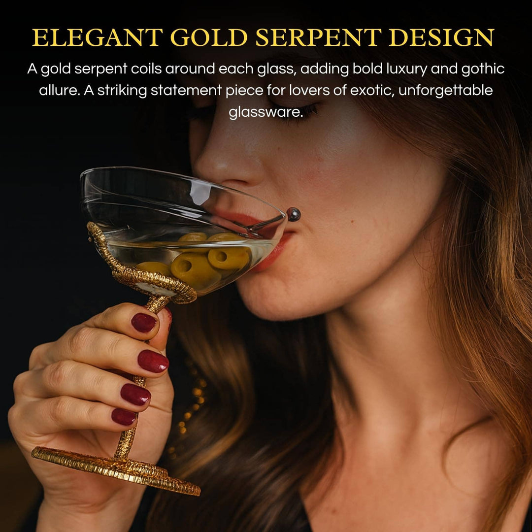 Snake Serpent Cocktail & Martini Glasses - 2 Set Gold Design