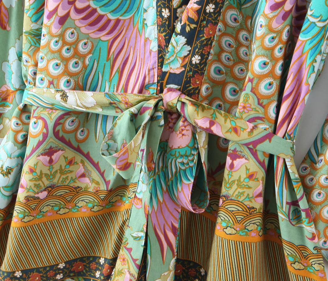 Vibrant Boho Beach Peacock Print Tie-Waist Kimono