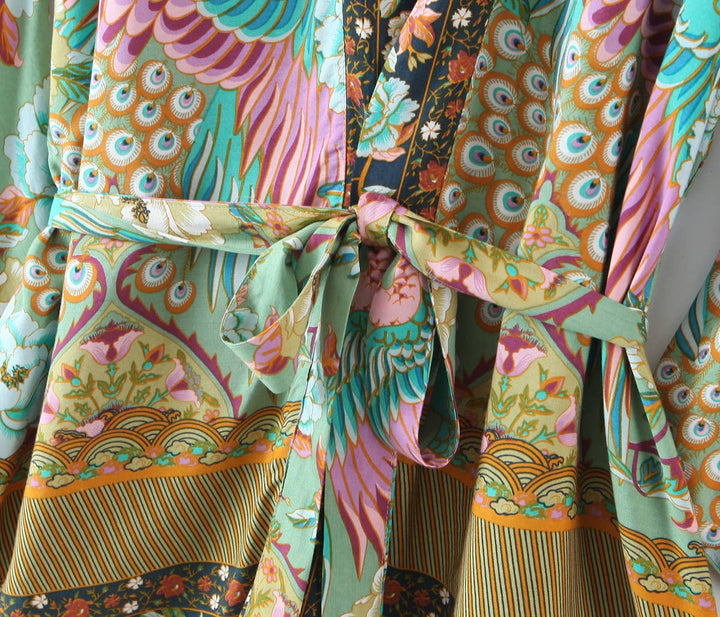 Vibrant Boho Beach Peacock Print Tie-Waist Kimono