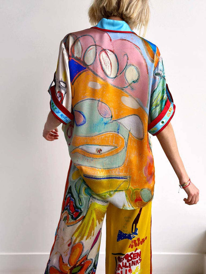 Unique Resort Print Loungewear Set With Elastic Waist And Pockets