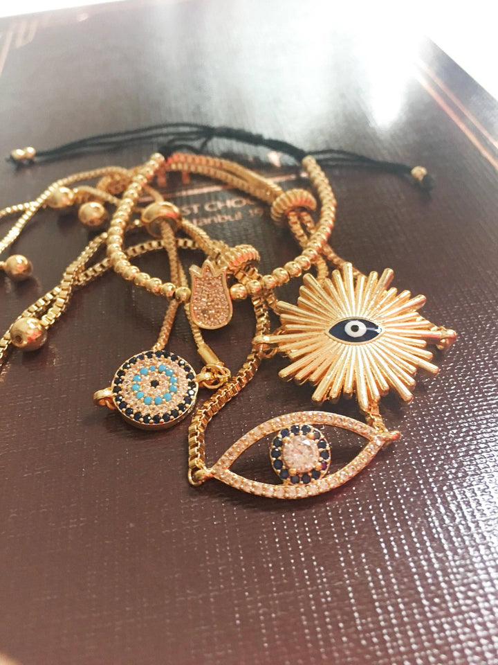 Gold Evil Eye Bracelet, Adjustable Greek Jewelry
