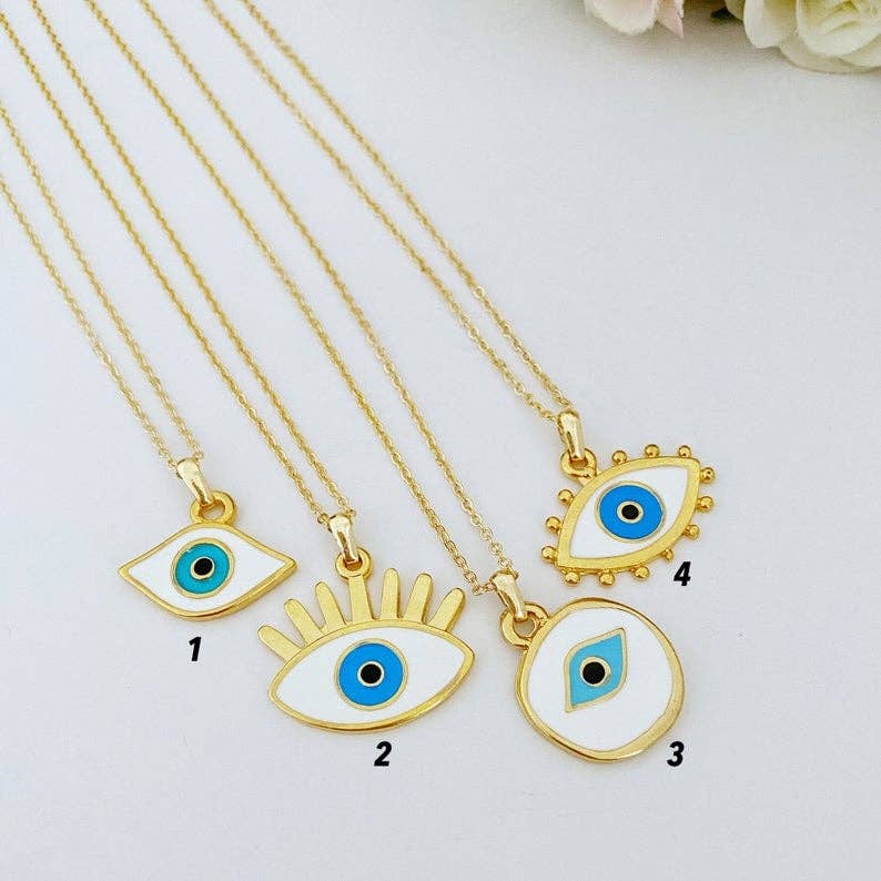 Gold Necklace With White Enamel Evil Eye Bead