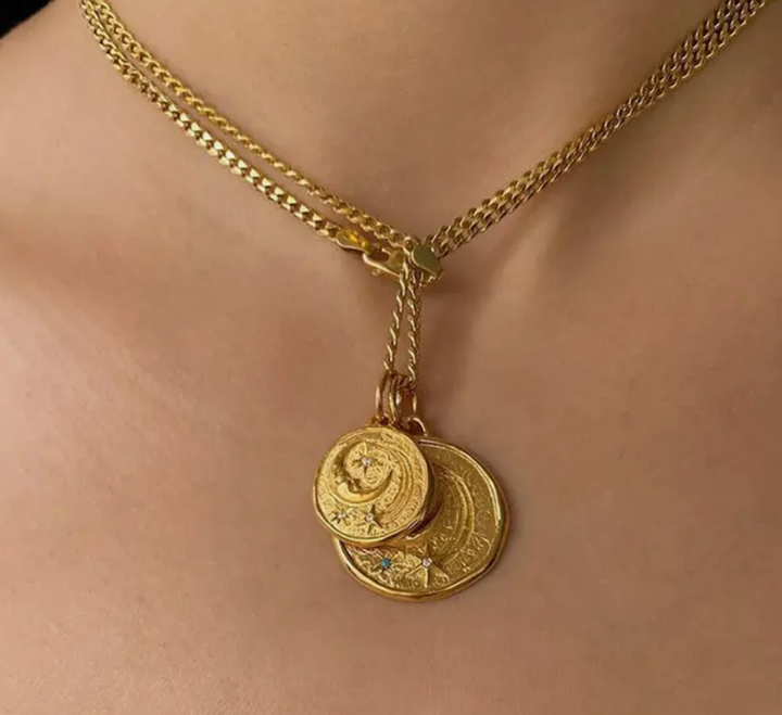  Athena Luna Coin Charm Necklace, Stainless Steel- 14K gold