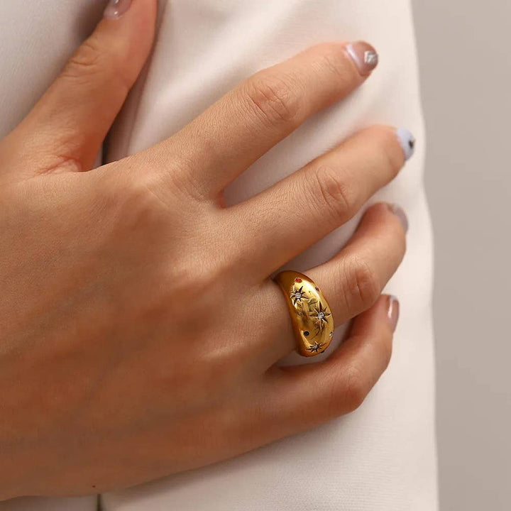 Dome Ring- Galaxy Confetti Ring- Steel 14K Gold Crystals