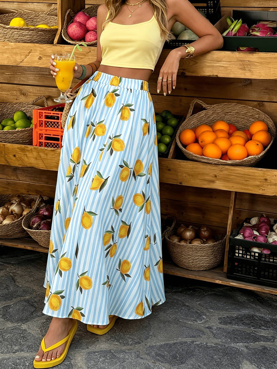Striped Colorful A-Line Beach Flowy Skirt Blue Stripes With Lemons