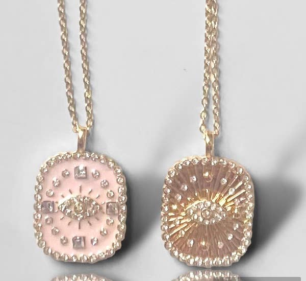 Evil Eye Protection Pendant Necklace – Pink Enamel & Gold Crystal Charm