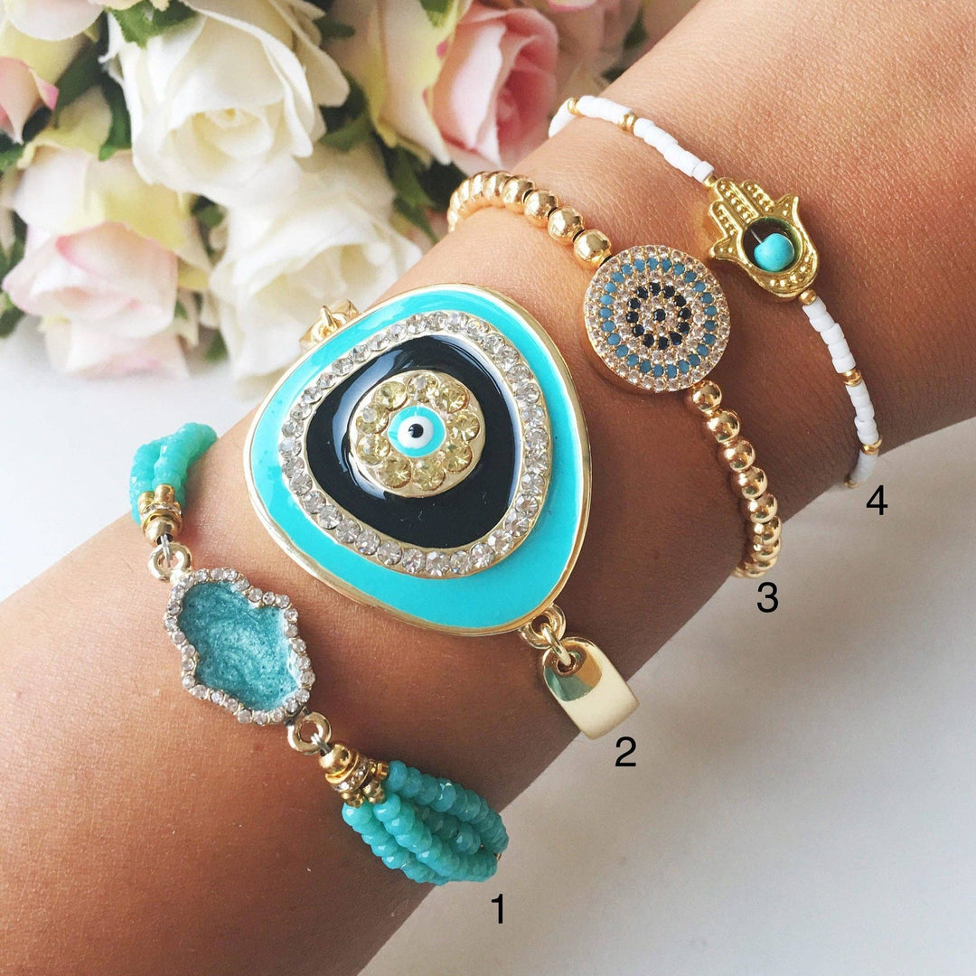 Adjustable Gold Bracelet: Style 1 in Pink (Hamsa Hand)