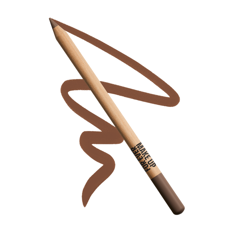 Brown makeup pencil with a swatch of brown color on a white background