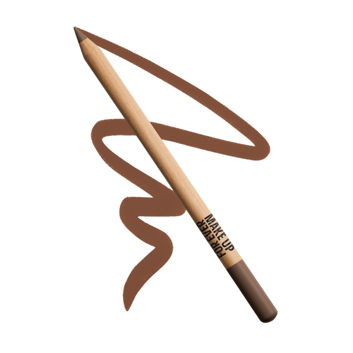 Brown makeup pencil with a swatch of brown color on a white background