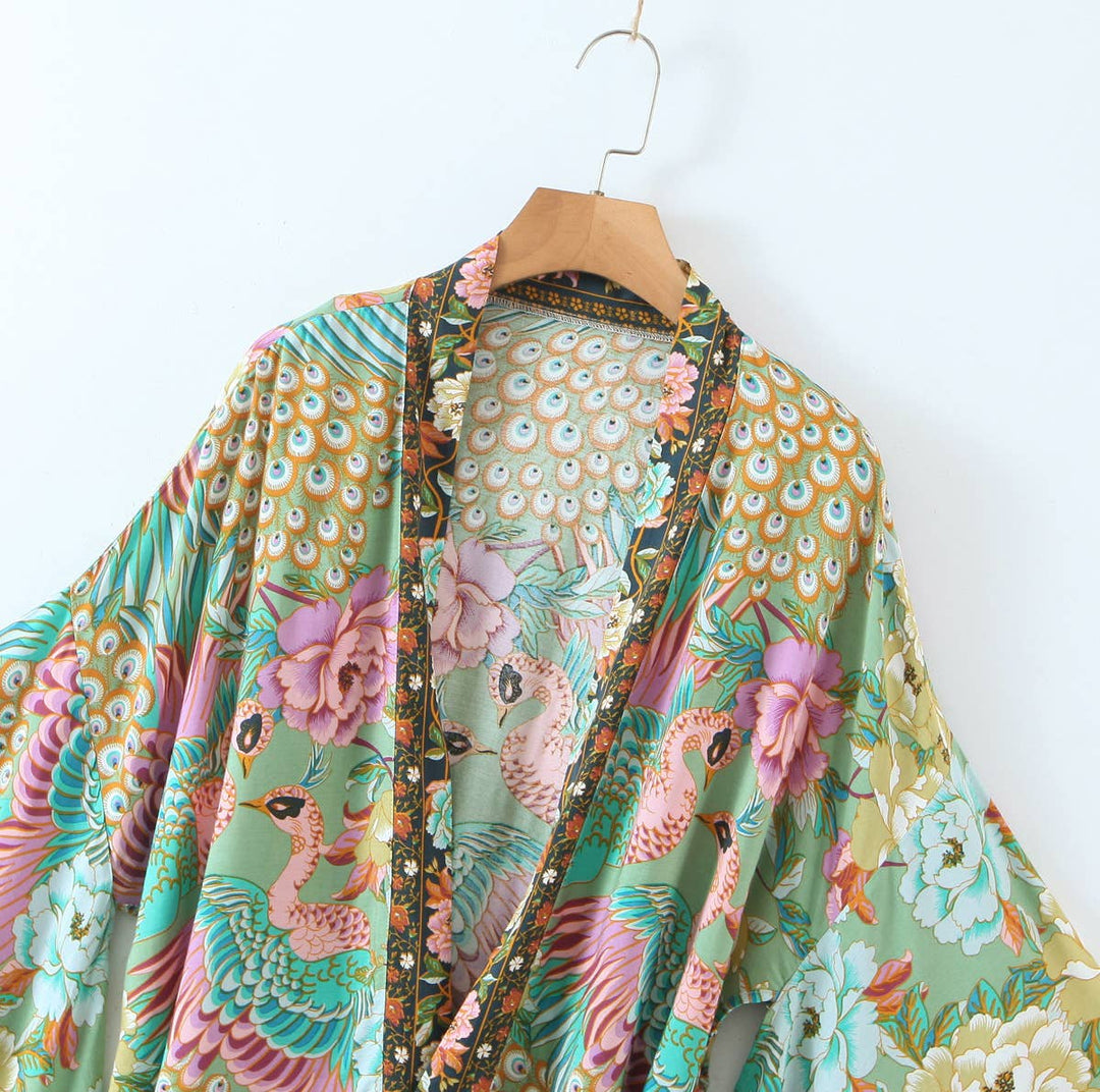 Vibrant Boho Beach Peacock Print Tie-Waist Kimono
