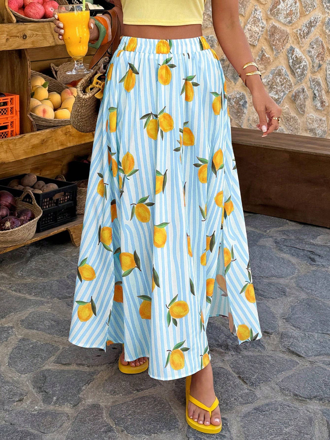 Striped Colorful A-Line Beach Flowy Skirt Blue Stripes With Lemons