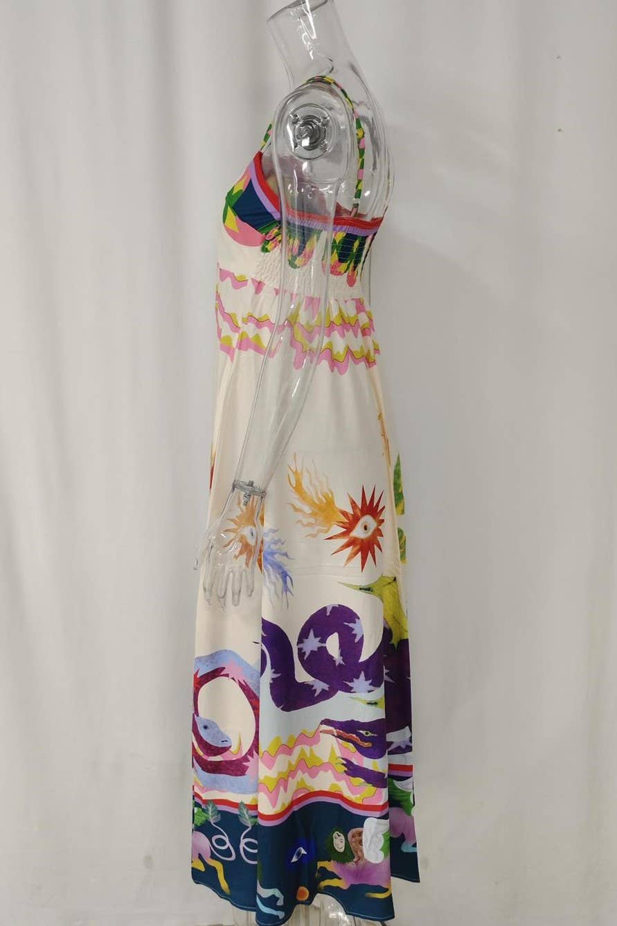 Wonderland print swing strap fairy midi dress