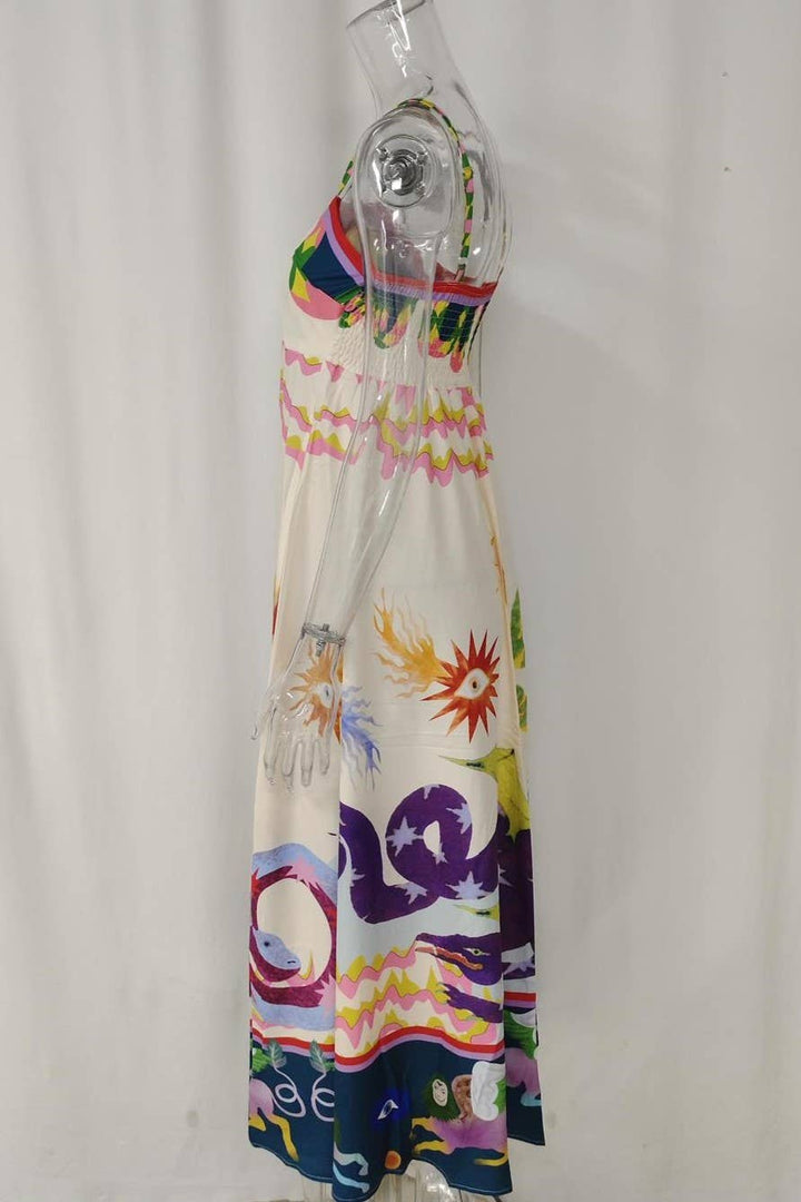Wonderland print swing strap fairy midi dress