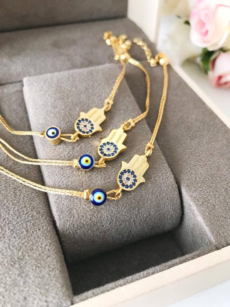 Hamsa Evil Eye Bracelet, Gold Chain Bracelet, Greek Jewelry