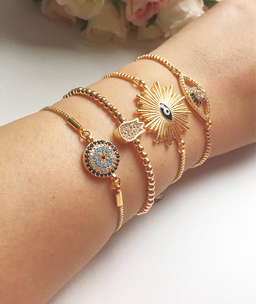 Gold Evil Eye Bracelet, Adjustable Greek Jewelry