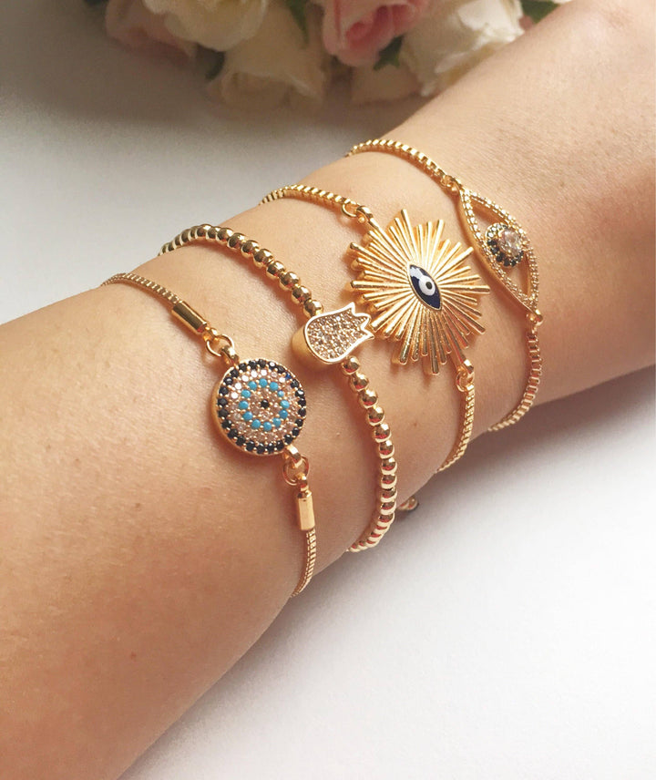Gold Evil Eye Bracelet, Adjustable Greek Jewelry