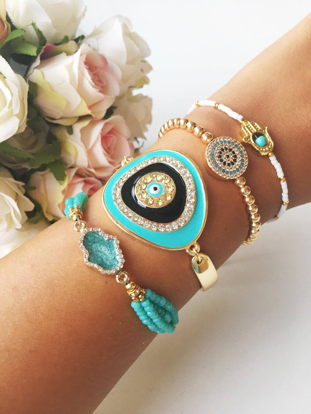 Adjustable Gold Bracelet: Style 1 in Pink (Hamsa Hand)