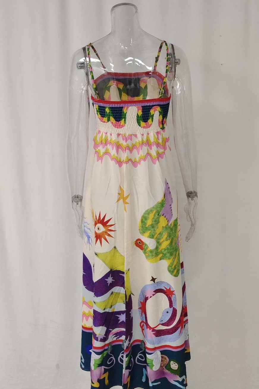 Wonderland print swing strap fairy midi dress