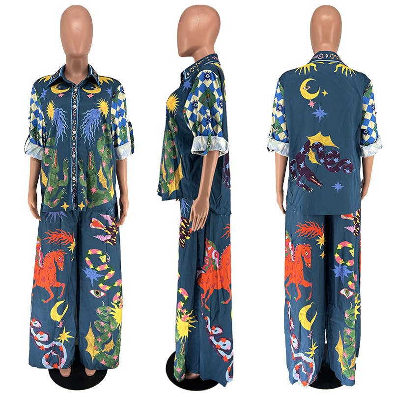 Wonderland print polyester blouse pants 2 piece set