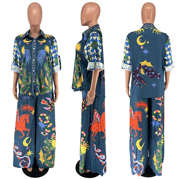 Wonderland print polyester blouse pants 2 piece set