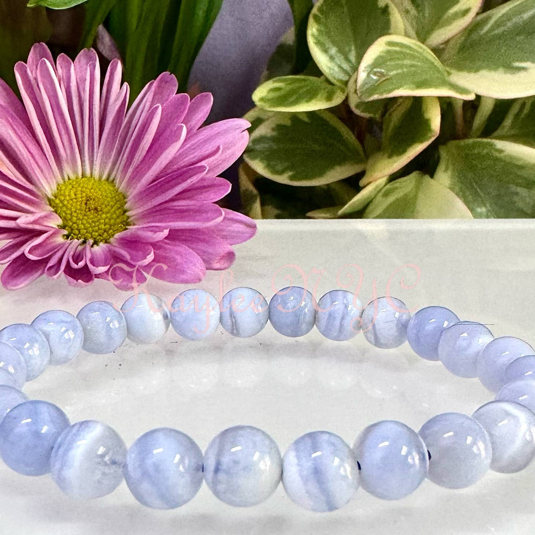 KayleeNYC Natural Blue Lace Agate 8mm 7.5” Crystal Bracelet