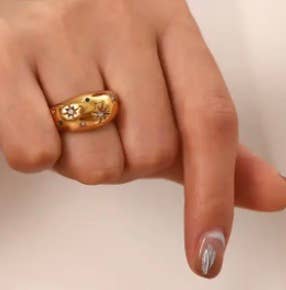Dome Ring- Galaxy Confetti Ring- Steel 14K Gold Crystals