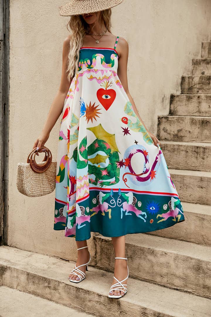 Wonderland print swing strap fairy midi dress