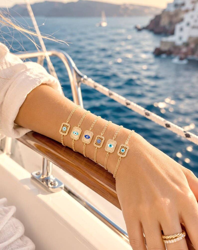 Blue Evil Eye Gold Chain Bracelet, Adjustable Dainty Style