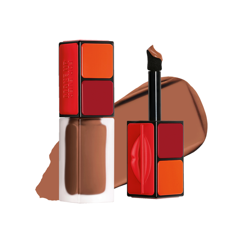 Makeup product with brown and red color swatches on a white background