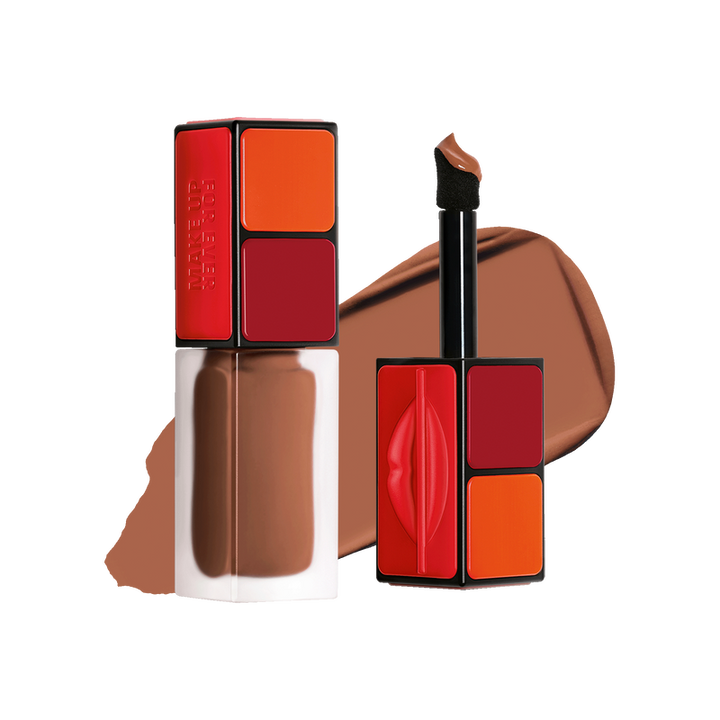 Makeup product with brown and red color swatches on a white background