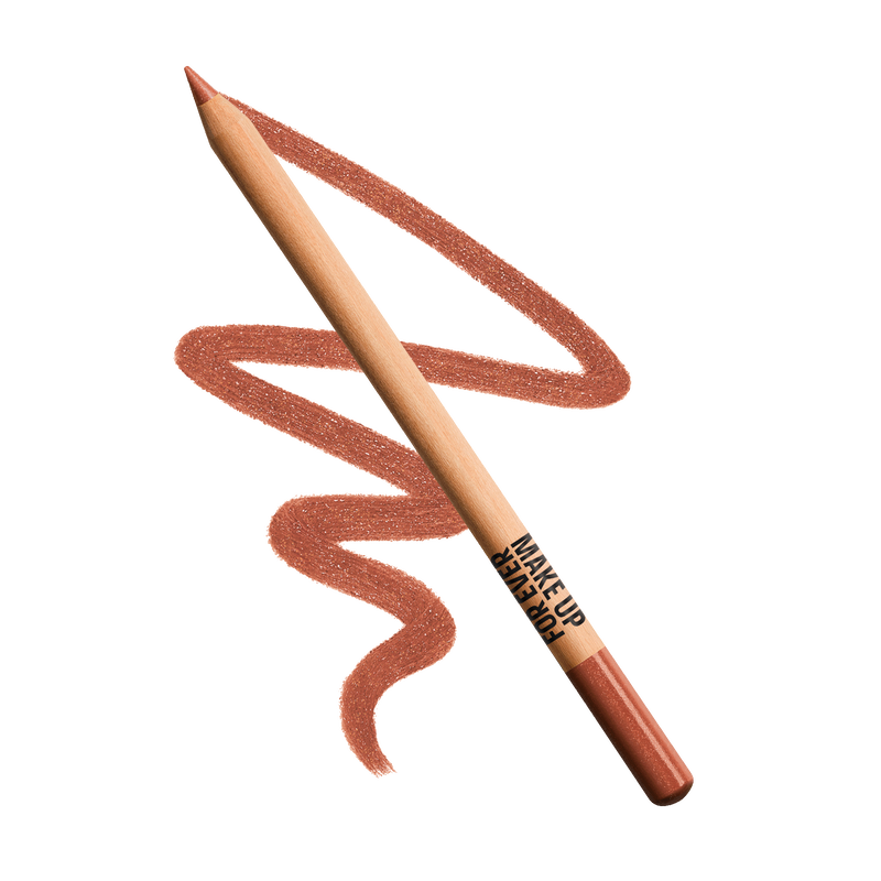 Make-up pencil with a swatch of brown color on a white background
