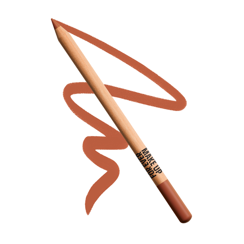Make-up pencil with brown color and brand name on a white background