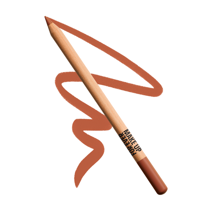 Make-up pencil with brown color and brand name on a white background