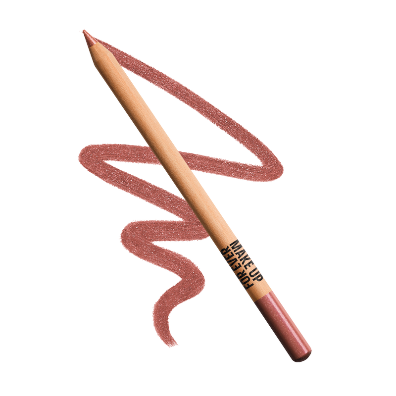 Make-up pencil with a swatch of pink color on a white background