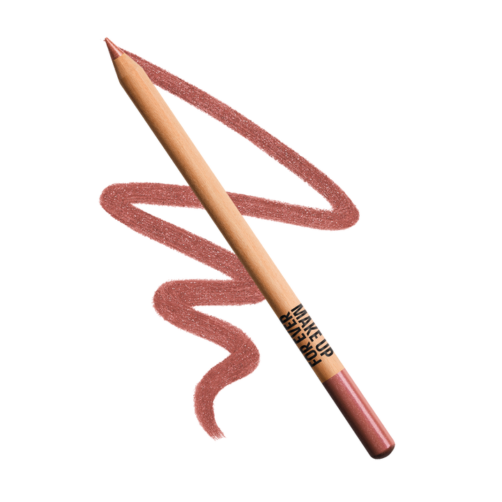 Make-up pencil with a swatch of pink color on a white background